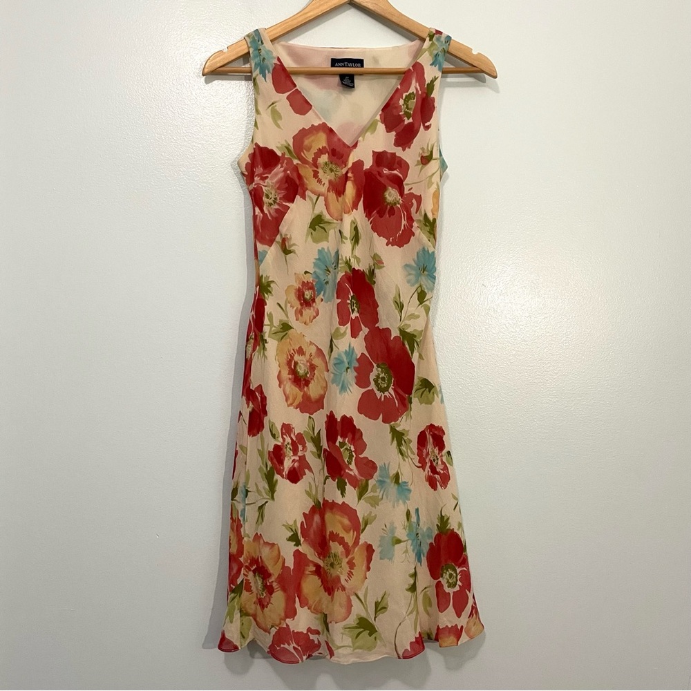 Ann Taylor Floral Midi Dress - Red and Blue